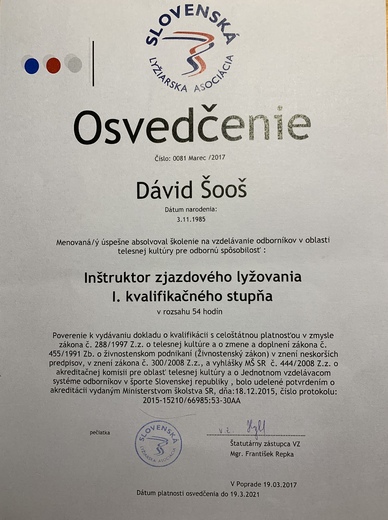 Osvedčenie - inštruktor Dávid
