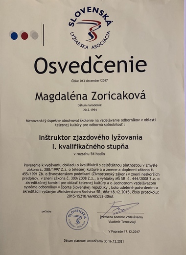 Osvedčenie - inštruktorka Lenka